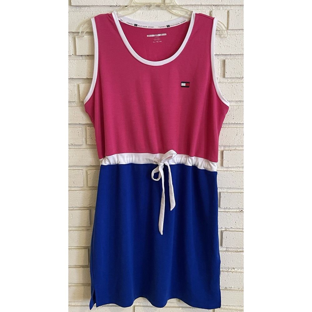 Tommy Hilfiger‎ Above Knee Sleeveless Pink & Blue Drawstring Waist Dress size XL